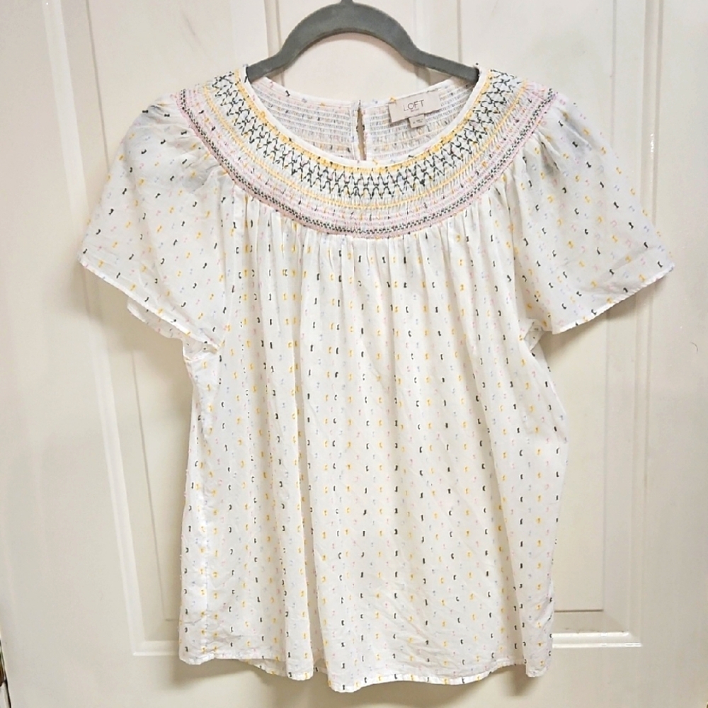 Loft Outlet White Cotton Short Sleeve Blouse with Smocked Neckline